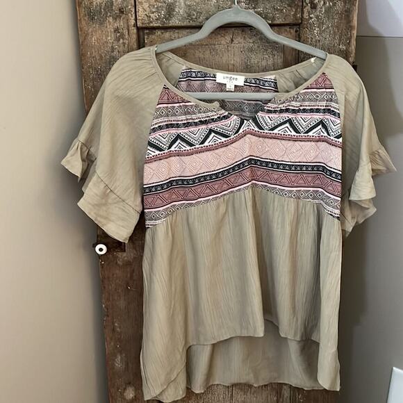 Umgee Abstract Printed Split Neck Short Ruffle Sleeve Top-Small - Picture 5 of 6